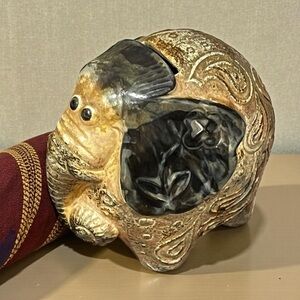 Vintage Elephant Piggy Bank Stoneware Japan? Paisley MCM  NO PLUG Tan Gray 5"x5"